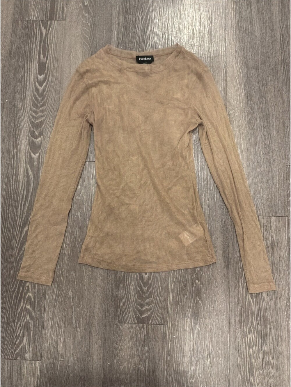 Bebe Beige Long Sleeve Mesh Top Size L Women’s Y2K Style